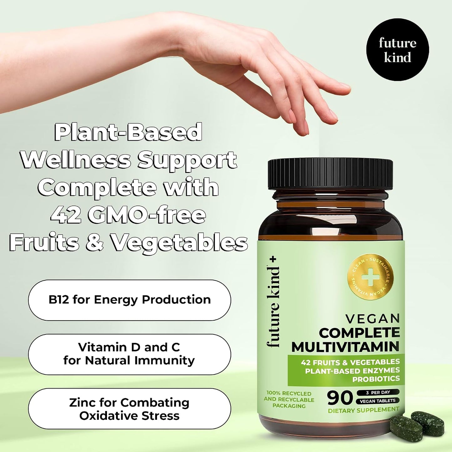 Future Kind Vegan Multivitamins Complete - 42-in-1 Vegan Multivitamins for Women & Men with Enzymes, B12, Zinc, & Probiotics for Digestion (90 tabs in Recycled Bottle) - PrimeBioHealth - canada supplements