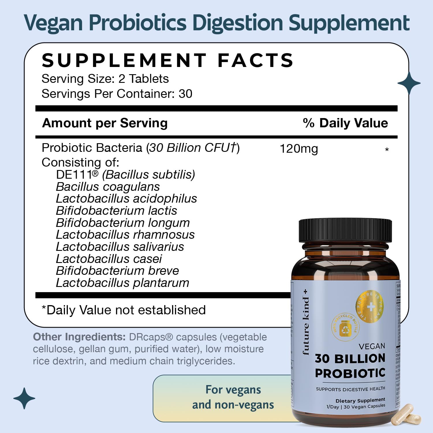 Future Kind Vegan Probiotics for Women and Men - 30 Billion CFUs Probiotics for Digestive Support (30 Adult Probiotic Capsules) No GMOs, Daily Probiotic Supplements from 42 Fruits & Vegetables - PrimeBioHealth - canada supplements