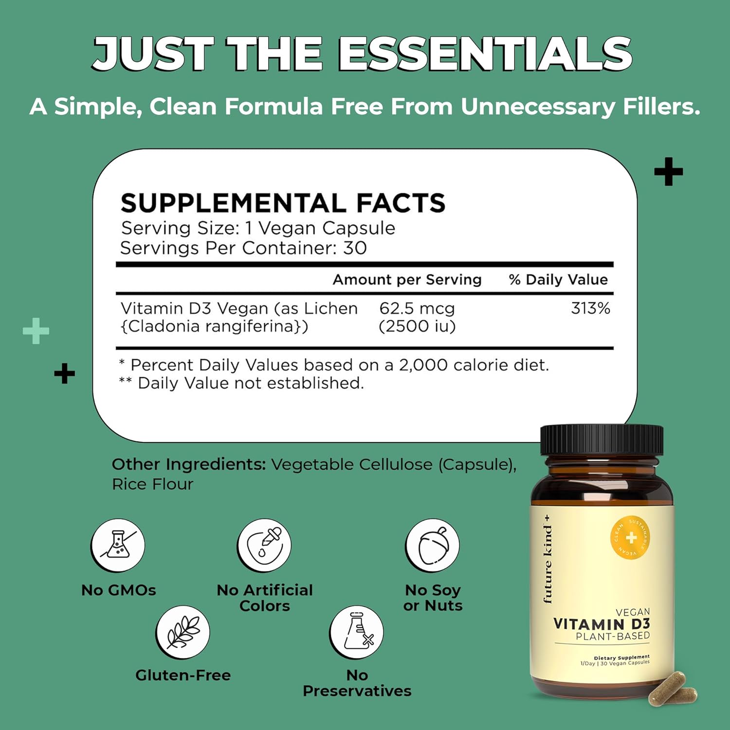 Future Kind Vitamin D3 2500 IU for Bone and Muscle Function, Vitamin D Vegan Supplement from Plant Lichen, Non-GMO, Sugar Free, Pure Vitamin D3, Promotes Natural Resilience, 30 Capsules - PrimeBioHealth - canada supplements