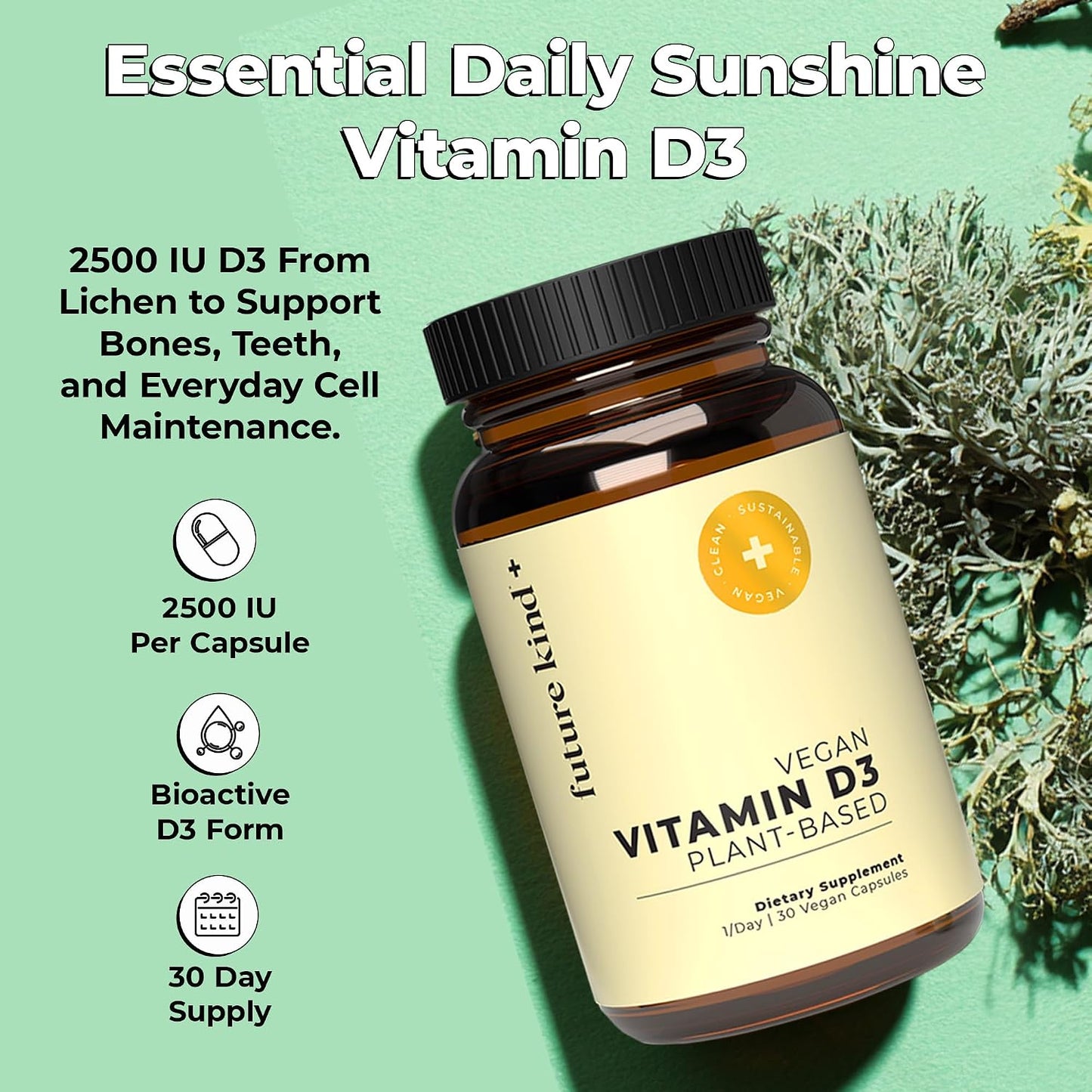 Future Kind Vitamin D3 2500 IU for Bone and Muscle Function, Vitamin D Vegan Supplement from Plant Lichen, Non-GMO, Sugar Free, Pure Vitamin D3, Promotes Natural Resilience, 30 Capsules - PrimeBioHealth - canada supplements