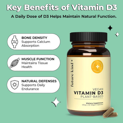 Future Kind Vitamin D3 2500 IU for Bone and Muscle Function, Vitamin D Vegan Supplement from Plant Lichen, Non-GMO, Sugar Free, Pure Vitamin D3, Promotes Natural Resilience, 30 Capsules - PrimeBioHealth - canada supplements
