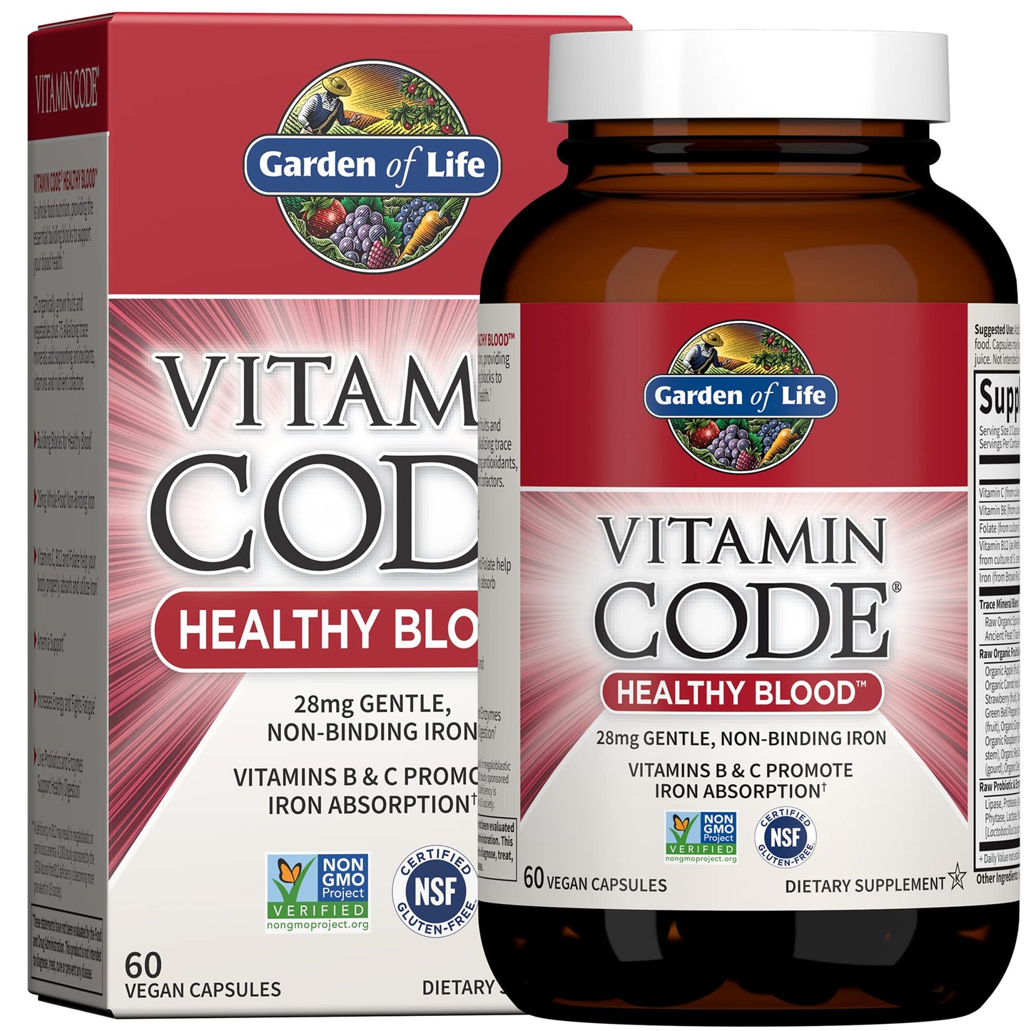 Garden of Life Vitamin Code Healthy Blood - Iron Supplement for Women, 60 Vegan Capsules, with Vitamins B, C, Trace Minerals - PrimeBioHealth - canada supplements