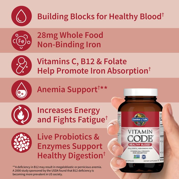 Garden of Life Vitamin Code Healthy Blood - Iron Supplement for Women, 60 Vegan Capsules, with Vitamins B, C, Trace Minerals - PrimeBioHealth - canada supplements