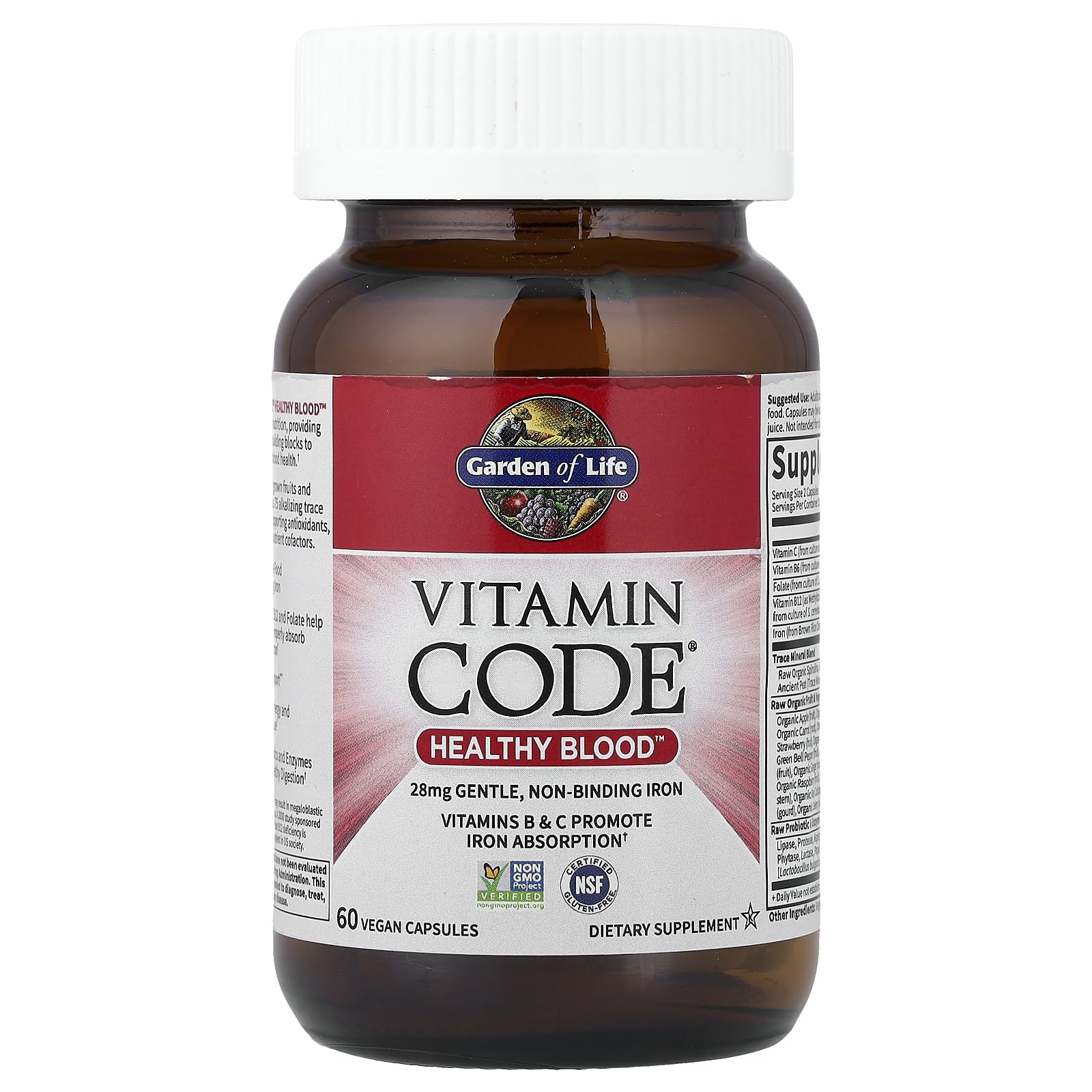 Garden of Life Vitamin Code Healthy Blood - Iron Supplement for Women, 60 Vegan Capsules, with Vitamins B, C, Trace Minerals - PrimeBioHealth - canada supplements