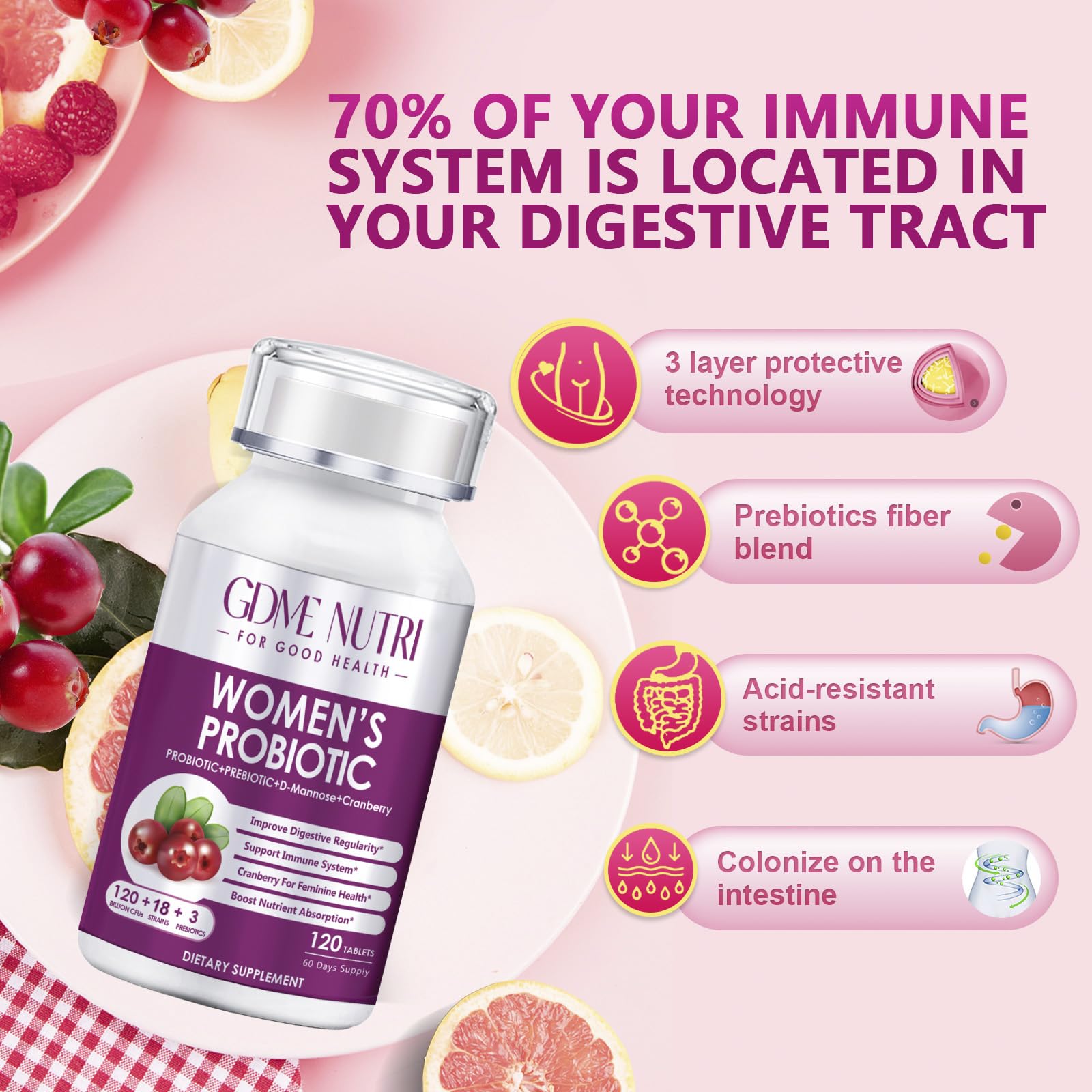 GDMENUTRI Women's Probiotics, 120 Tablets 120 Billion CFU 18 Strains, Contains Organic Prebiotic Cranberry, Probiotic Supplement for Digestion, - PrimeBioHealth - canada supplements