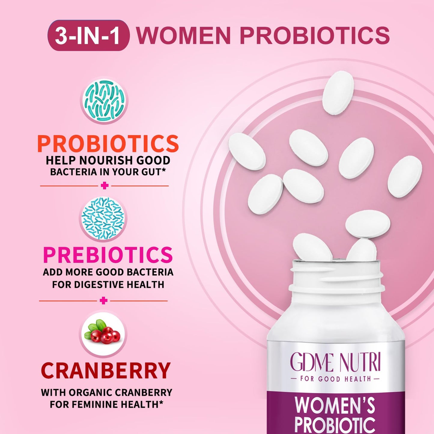 GDMENUTRI Women's Probiotics, 120 Tablets 120 Billion CFU 18 Strains, Contains Organic Prebiotic Cranberry, Probiotic Supplement for Digestion, - PrimeBioHealth - canada supplements