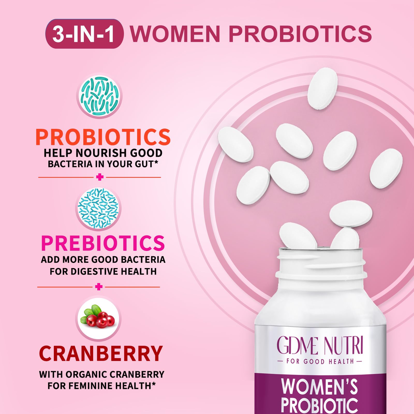 GDMENUTRI Women's Probiotics, 120 Tablets 120 Billion CFU 18 Strains, Contains Organic Prebiotic Cranberry, Probiotic Supplement for Digestion, - PrimeBioHealth - canada supplements