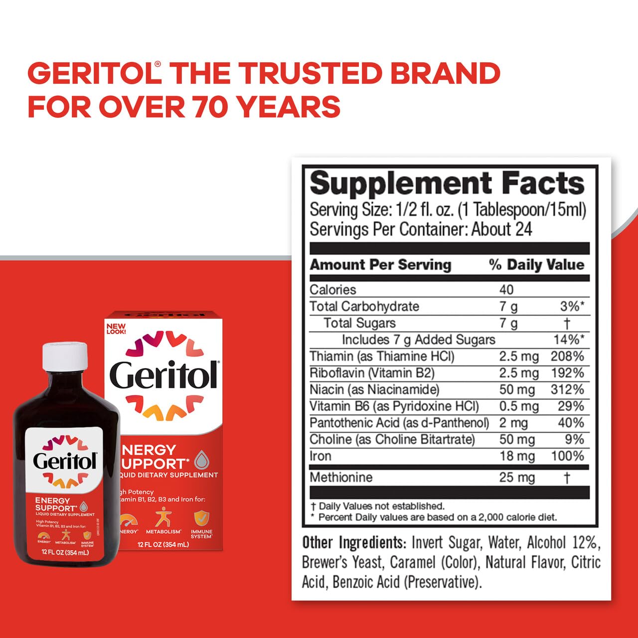 Geritol Liquid Vitamin and Iron Supplement, Energy Support, Contains High Potency B-Vitamins and Iron, Pleasant Tasting, Easy to Swallow - PrimeBioHealth - canada supplements