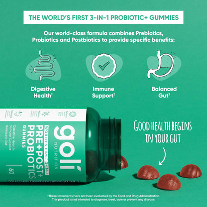 Goli Pre Pro Postbiotic Gummies - Worlds First 3-in-1 Formula with DE111 Probiotics, XOS Prebiotics, MCC1849 Postbiotics - Vegan, Non-GMO, Gluten-Free - PrimeBioHealth - canada supplements
