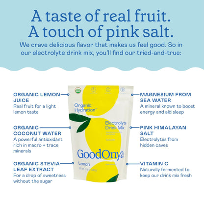 GOODONYA Organic Hydration Electrolyte Drink Mix, Certified Organic Hydration Powder, Non-GMO, Biochecked Glyphosate Free, Low Sugar, Lemonade Flavor, - PrimeBioHealth - canada supplements