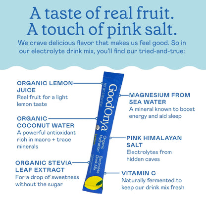 GOODONYA Organic Hydration Electrolyte Drink Mix, Certified Organic Hydration Powder, Non-GMO, Biochecked Glyphosate Free, Low Sugar, Lemonade Flavor, No Artificial Flavors,12 Stick Packs - PrimeBioHealth - canada supplements
