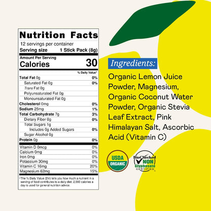 GOODONYA Organic Hydration Electrolyte Drink Mix, Certified Organic Hydration Powder, Non-GMO, Biochecked Glyphosate Free, Low Sugar, Lemonade Flavor, No Artificial Flavors,12 Stick Packs - PrimeBioHealth - canada supplements