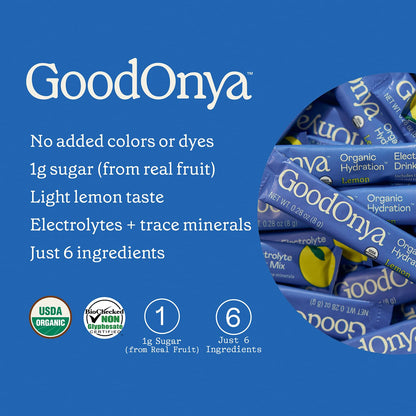 GOODONYA Organic Hydration Electrolyte Drink Mix, Certified Organic Hydration Powder, Non-GMO, Biochecked Glyphosate Free, Low Sugar, Lemonade Flavor, No Artificial Flavors,12 Stick Packs - PrimeBioHealth - canada supplements