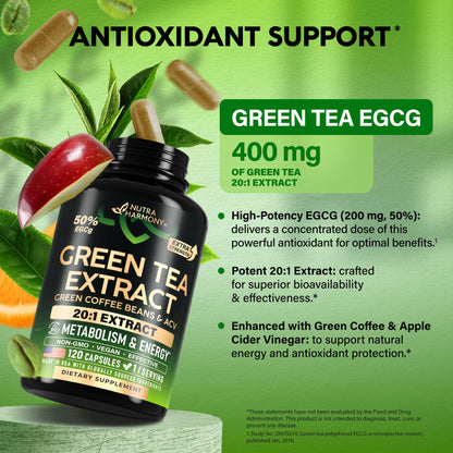 Green Tea Extract - 50% EGCG, Extra Strength 20:1 Extract - Natural Green Tea Supplement + Green Coffee Beans & Apple Cider Vinegar - Energy & Metabolism Support - PrimeBioHealth - canada supplements