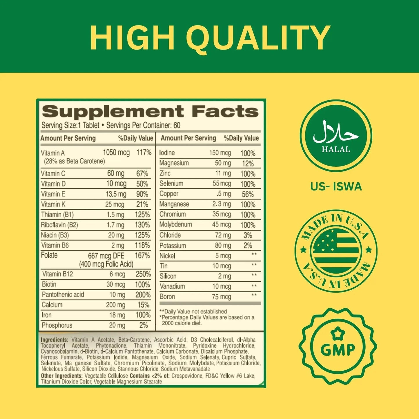 Greenfield Nutritions Halal Multivitamins for Women and Men - 60 Gelatin Free Multivitamin Tablets with 27+ Vitamin Minerals, A, B12, C, D3, Iron and Zinc - PrimeBioHealth - canada supplements