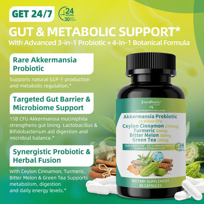 GREENPEOPLE Akkermansia Probiotics 15B CFU for Gut Function, 60CT Probiotics Supplement with Ceylon Cinnamon, Turmeric | Digestive Health & Metabolic Support - PrimeBioHealth - canada supplements