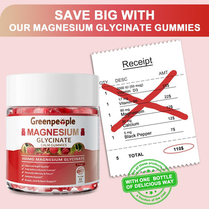 GREENPEOPLE Magnesium Glycinate Gummies 400mg - Sugar Free Magnesium Supplement with Magnesio Citrate, Vitamin D, and B6 for Calm Support & Sleep for Adults - PrimeBioHealth - canada supplements