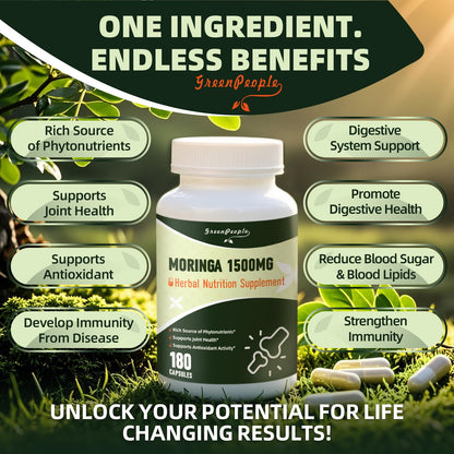 GREENPEOPLE Whole-Leaf Moringa Capsules 1500mg - High Potency 10:1 Moringa Oleifera Leaf Extract - Natural Green Superfood for Energy & Immune Support - PrimeBioHealth - canada supplements