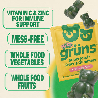 Gruns Multivitamin for Kids, Super Greens Gummies, Superfood Gummy Bears with 20+ Vitamins & Minerals, Spirulina, Chlorella, Alfalfa, Prebiotics Fiber for Digestive Health - PrimeBioHealth - canada supplements