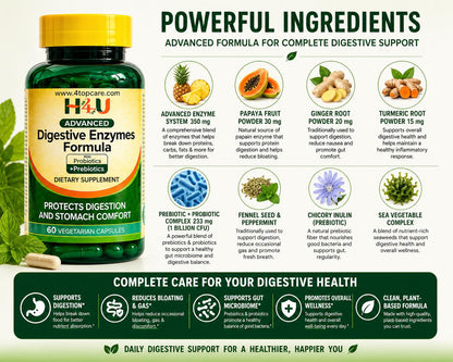 H4U Advanced Digestive Enzymes with Probiotics & Prebiotics – Multi Enzyme Supplement for Gut Health, Digestion Support, Bloating Relief & Stomach Comfort, - PrimeBioHealth - canada supplements