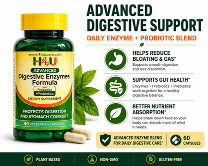 H4U Advanced Digestive Enzymes with Probiotics & Prebiotics – Multi Enzyme Supplement for Gut Health, Digestion Support, Bloating Relief & Stomach Comfort, - PrimeBioHealth - canada supplements