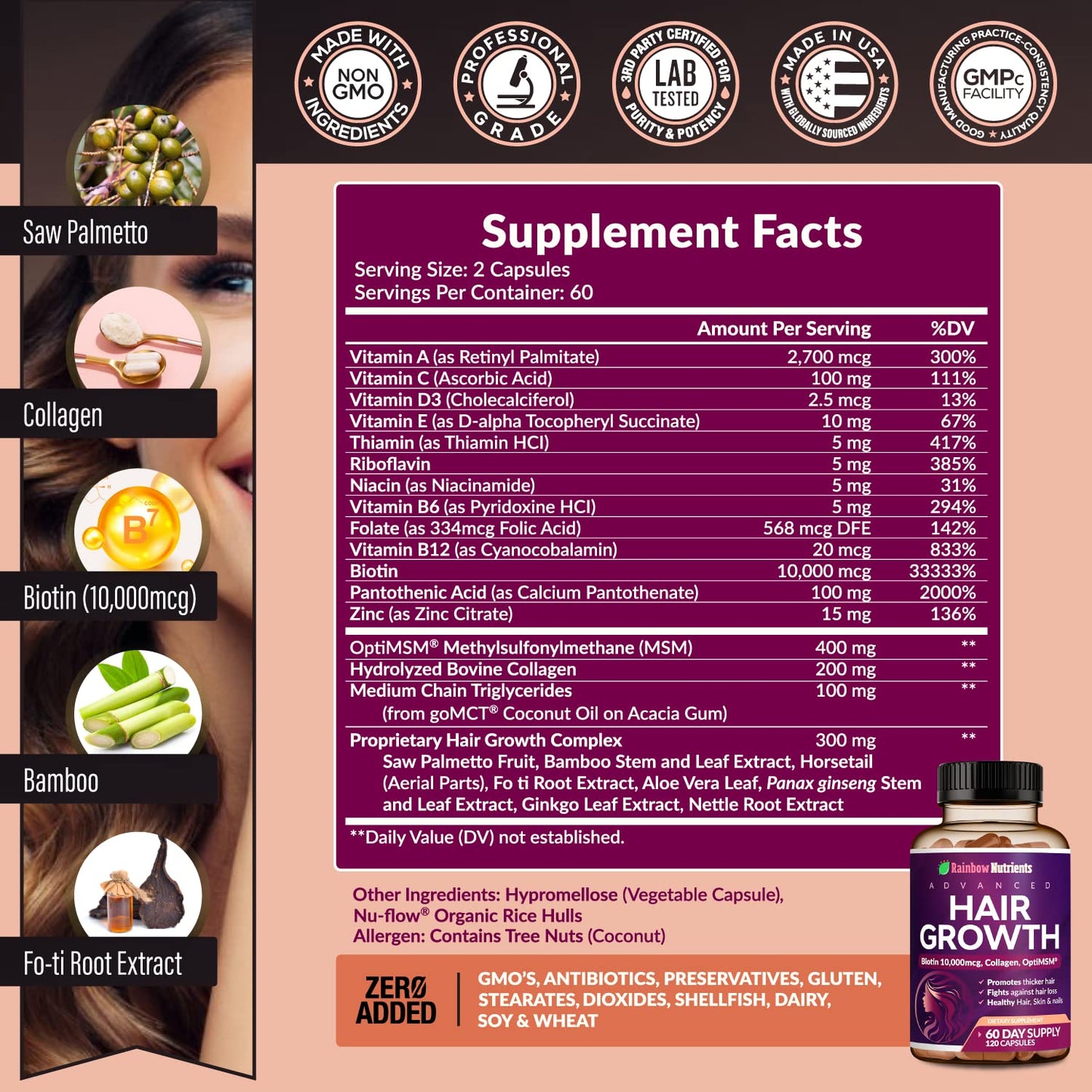 Hair Growth Vitamins for Women | Biotin 10,000mcg, Collagen, Patented OptiMSM®, goMCT - PrimeBioHealth - canada supplements