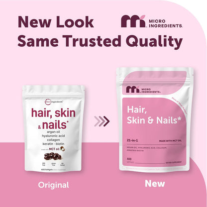 Hair Skin and Nails Vitamins for Women & Men | 400 Softgels with MCT Oil | 21-in-1 Argan Oil, Hyaluronic Acid, Collagen, Keratin & Biotin Supplement | 133-Day Supply | Non-GMO, Gluten Free - PrimeBioHealth - canada supplements