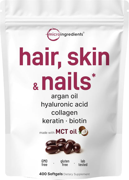 Hair Skin and Nails Vitamins for Women & Men | 400 Softgels with MCT Oil | 21-in-1 Argan Oil, Hyaluronic Acid, Collagen, Keratin & Biotin Supplement | 133-Day Supply | Non-GMO, Gluten Free - PrimeBioHealth - canada supplements