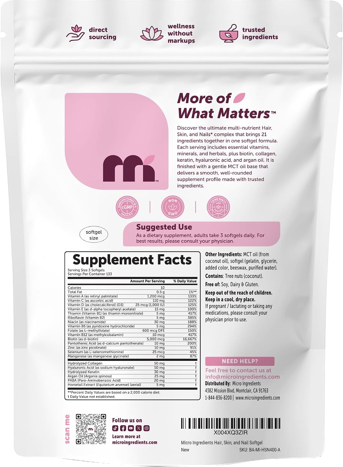 Hair Skin and Nails Vitamins for Women & Men | 400 Softgels with MCT Oil | 21-in-1 Argan Oil, Hyaluronic Acid, Collagen, Keratin & Biotin Supplement | 133-Day Supply | Non-GMO, Gluten Free - PrimeBioHealth - canada supplements
