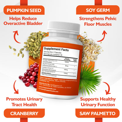 Happee Bladder Control Supplement for Women & Men - Pumpkin Seed Extract, Soy Germ, Saw Palmetto & Cranberry Blend - Bladder Support for Urinary Frequency, Leaks & Urgency - 60 Capsules - PrimeBioHealth - canada supplements