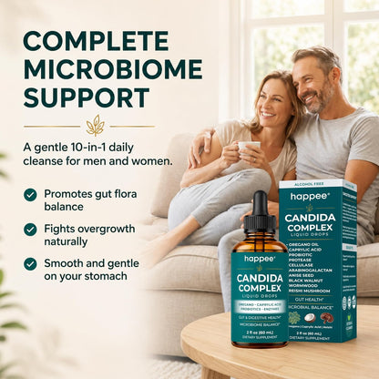 Happee Candida Cleanse Drops 10-in-1 Gut & Oral Detox Support Men Women 2oz | Yeast & Overgrowth Support - Oregano, Caprylic Acid & Probiotics - Flora Balance & Digestive Comfort - 60 Servings - PrimeBioHealth - canada supplements
