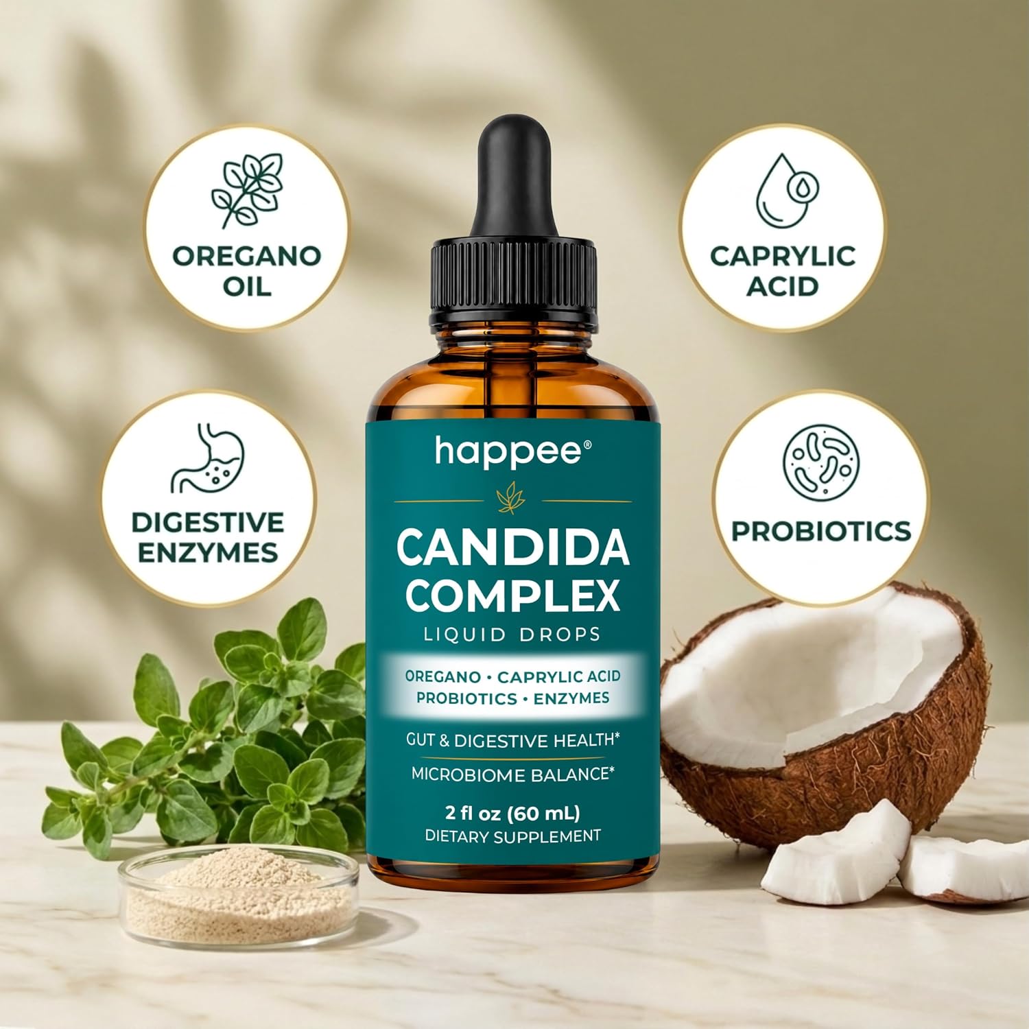 Happee Candida Cleanse Drops 10-in-1 Gut & Oral Detox Support Men Women 2oz | Yeast & Overgrowth Support - Oregano, Caprylic Acid & Probiotics - Flora Balance & Digestive Comfort - 60 Servings - PrimeBioHealth - canada supplements