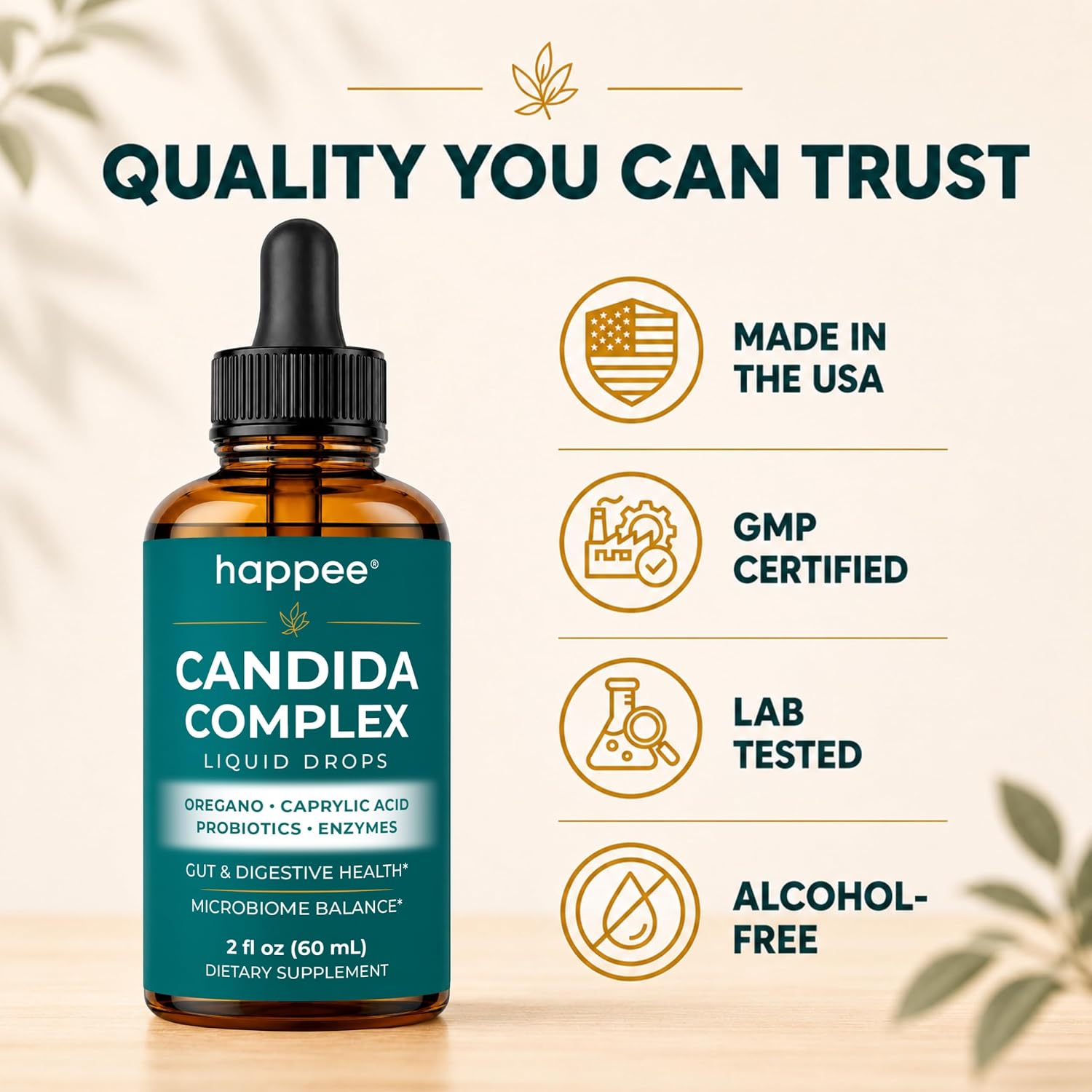 Happee Candida Cleanse Drops 10-in-1 Gut & Oral Detox Support Men Women 2oz | Yeast & Overgrowth Support - Oregano, Caprylic Acid & Probiotics - Flora Balance & Digestive Comfort - 60 Servings - PrimeBioHealth - canada supplements