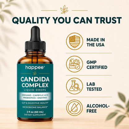 Happee Candida Cleanse Drops 10-in-1 Gut & Oral Detox Support Men Women 2oz | Yeast & Overgrowth Support - Oregano, Caprylic Acid & Probiotics - Flora Balance & Digestive Comfort - 60 Servings - PrimeBioHealth - canada supplements