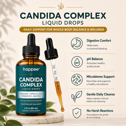 Happee Candida Cleanse Drops 10-in-1 Gut & Oral Detox Support Men Women 2oz | Yeast & Overgrowth Support - Oregano, Caprylic Acid & Probiotics - Flora Balance & Digestive Comfort - 60 Servings - PrimeBioHealth - canada supplements