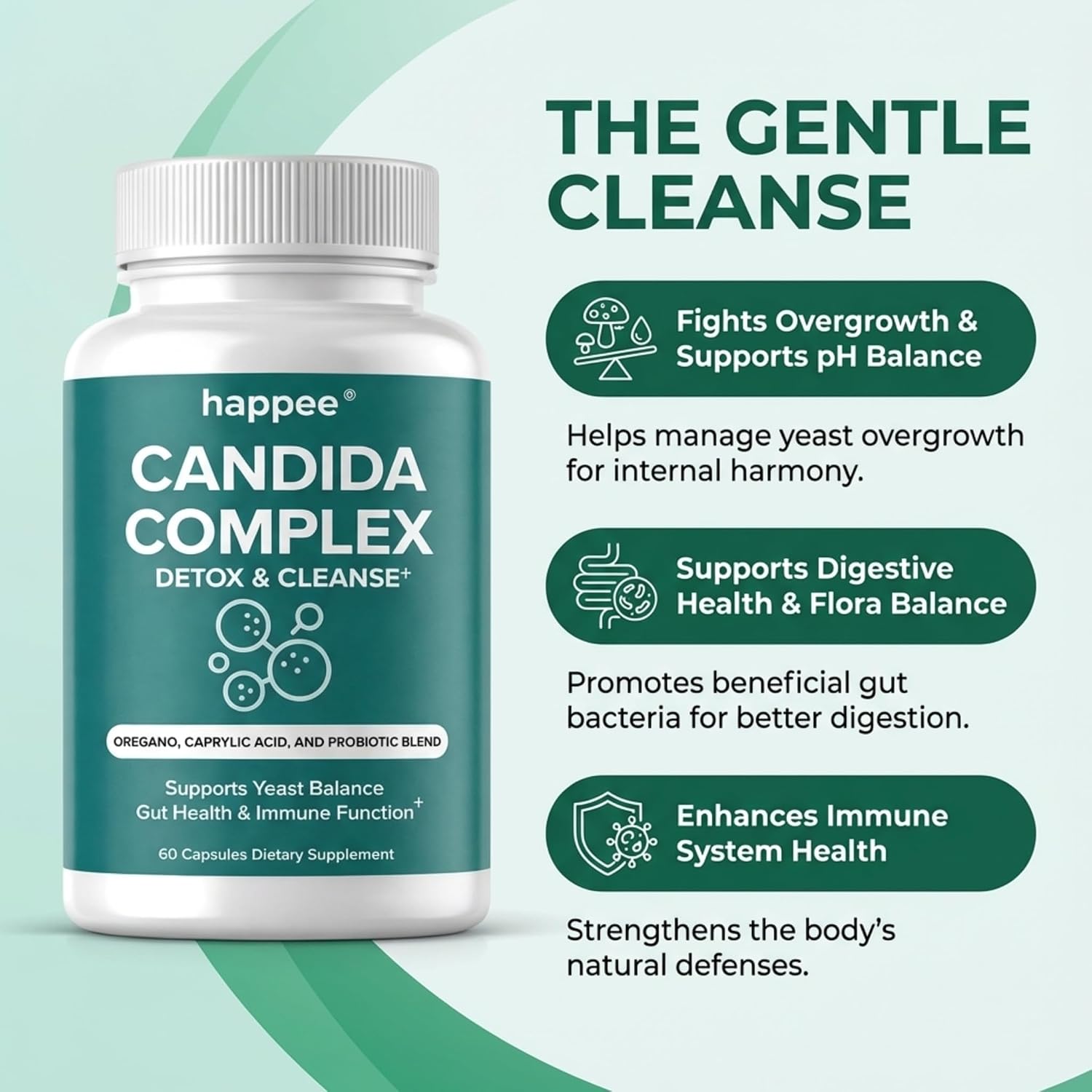 Happee Candida Complex Supplement – Candida Cleanse for Overgrowth Support – Caprylic Acid, Oregano & Probiotics for Yeast Balance, Gut & Immune Support – 60 Caps - PrimeBioHealth - canada supplements