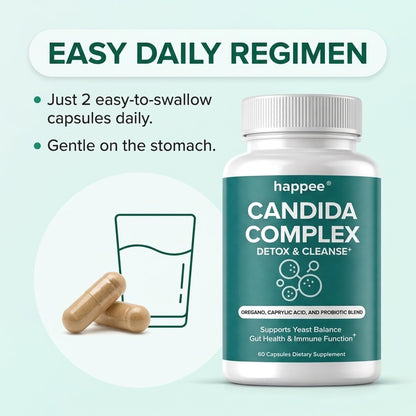 Happee Candida Complex Supplement – Candida Cleanse for Overgrowth Support – Caprylic Acid, Oregano & Probiotics for Yeast Balance, Gut & Immune Support – 60 Caps - PrimeBioHealth - canada supplements