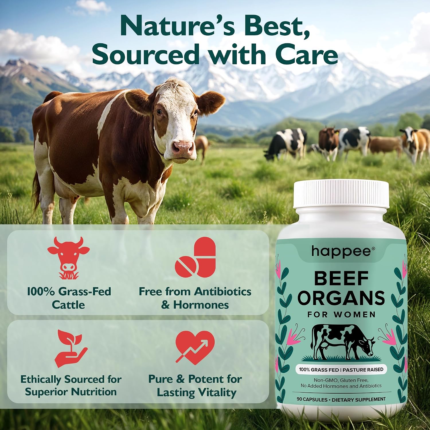 Happee Grass Fed Beef Organ Supplement for Women - Beef Liver, Heart, Kidney, Ovary & Uterus Blend - Hormone Balance, Energy & Cycle Support - 90 Capsules - PrimeBioHealth - canada supplements