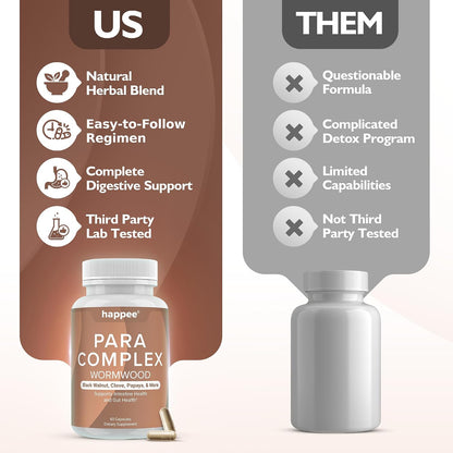 Happee ParaComplex Intestinal Guard for Humans - para Purge Herbal Cleanse for Gut Health & Digestive Balance - with Wormwood, Black Walnut, Garlic & More - 60 Capsules - PrimeBioHealth - canada supplements