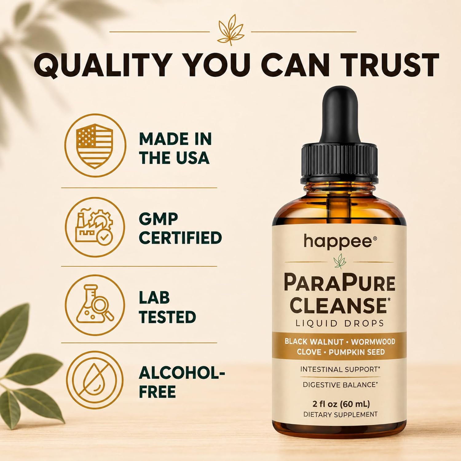 Happee ParaPure Cleanse for Humans Wormwood Black Walnut Clove 2 Fl. Oz | All-in-One Herbal Liquid Drops - Detox Support, Intestinal Guard, Gut Health & Microbiome Support, 60 Day Supply - PrimeBioHealth - canada supplements
