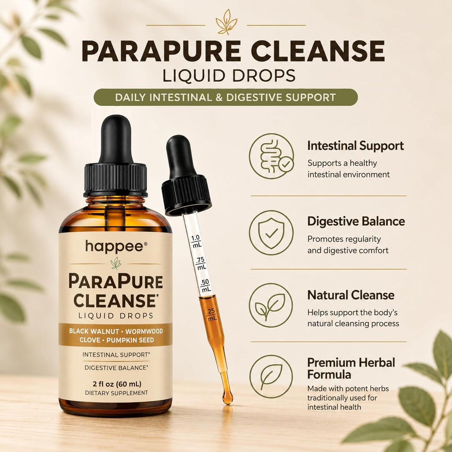 Happee ParaPure Cleanse for Humans Wormwood Black Walnut Clove 2 Fl. Oz | All-in-One Herbal Liquid Drops - Detox Support, Intestinal Guard, Gut Health & Microbiome Support, 60 Day Supply - PrimeBioHealth - canada supplements