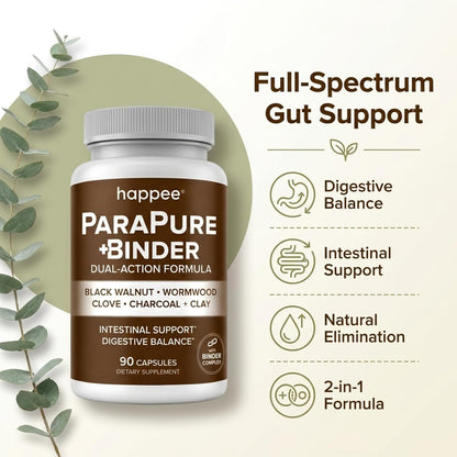 Happee ParaPure Cleanse with Binder for Humans, Intestinal Support, 2-in-1 | Wormwood, Black Walnut, Clove with Charcoal Binder for Digestive Balance (No Stack Needed) 90 Capsules - PrimeBioHealth - canada supplements