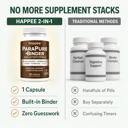 Happee ParaPure Cleanse with Binder for Humans, Intestinal Support, 2-in-1 | Wormwood, Black Walnut, Clove with Charcoal Binder for Digestive Balance (No Stack Needed) 90 Capsules - PrimeBioHealth - canada supplements