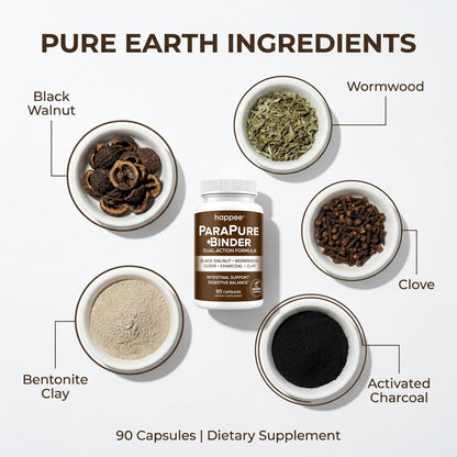 Happee ParaPure Cleanse with Binder for Humans, Intestinal Support, 2-in-1 | Wormwood, Black Walnut, Clove with Charcoal Binder for Digestive Balance (No Stack Needed) 90 Capsules - PrimeBioHealth - canada supplements
