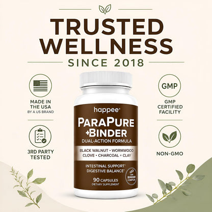 Happee ParaPure Cleanse with Binder for Humans, Intestinal Support, 2-in-1 | Wormwood, Black Walnut, Clove with Charcoal Binder for Digestive Balance (No Stack Needed) 90 Capsules - PrimeBioHealth - canada supplements