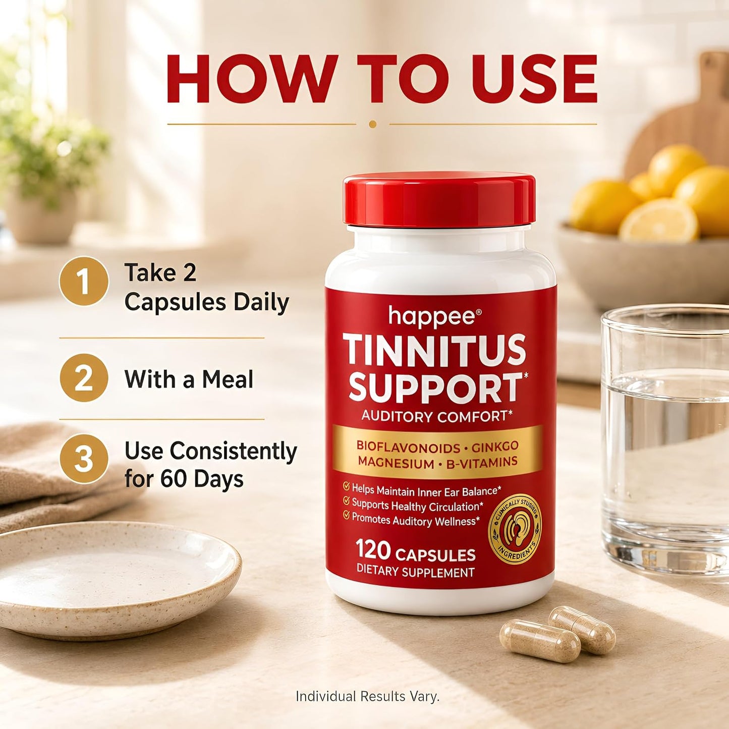 Happee Tinnitus Supplement for Ringing Ears, Bioflavonoids & Ginkgo, 120ct | Flavonoids Plus Essential Nutrient, Daily Support for Inner Ear Health & Microcirculation, NO Dyes, Clean Label - PrimeBioHealth - canada supplements