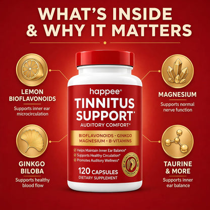 Happee Tinnitus Supplement for Ringing Ears, Bioflavonoids & Ginkgo, 120ct | Flavonoids Plus Essential Nutrient, Daily Support for Inner Ear Health & Microcirculation, NO Dyes, Clean Label - PrimeBioHealth - canada supplements
