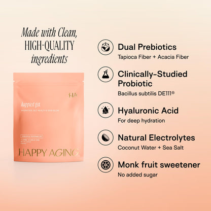 Happy Aging Electrolytes Powder Packets for Women - Sugar Free Hydration & Gut Health with Hyaluronic Acid & Bacillus Subtilis DE111 Probiotics - Dual Prebiotic System for Skin Beauty - PrimeBioHealth - canada supplements