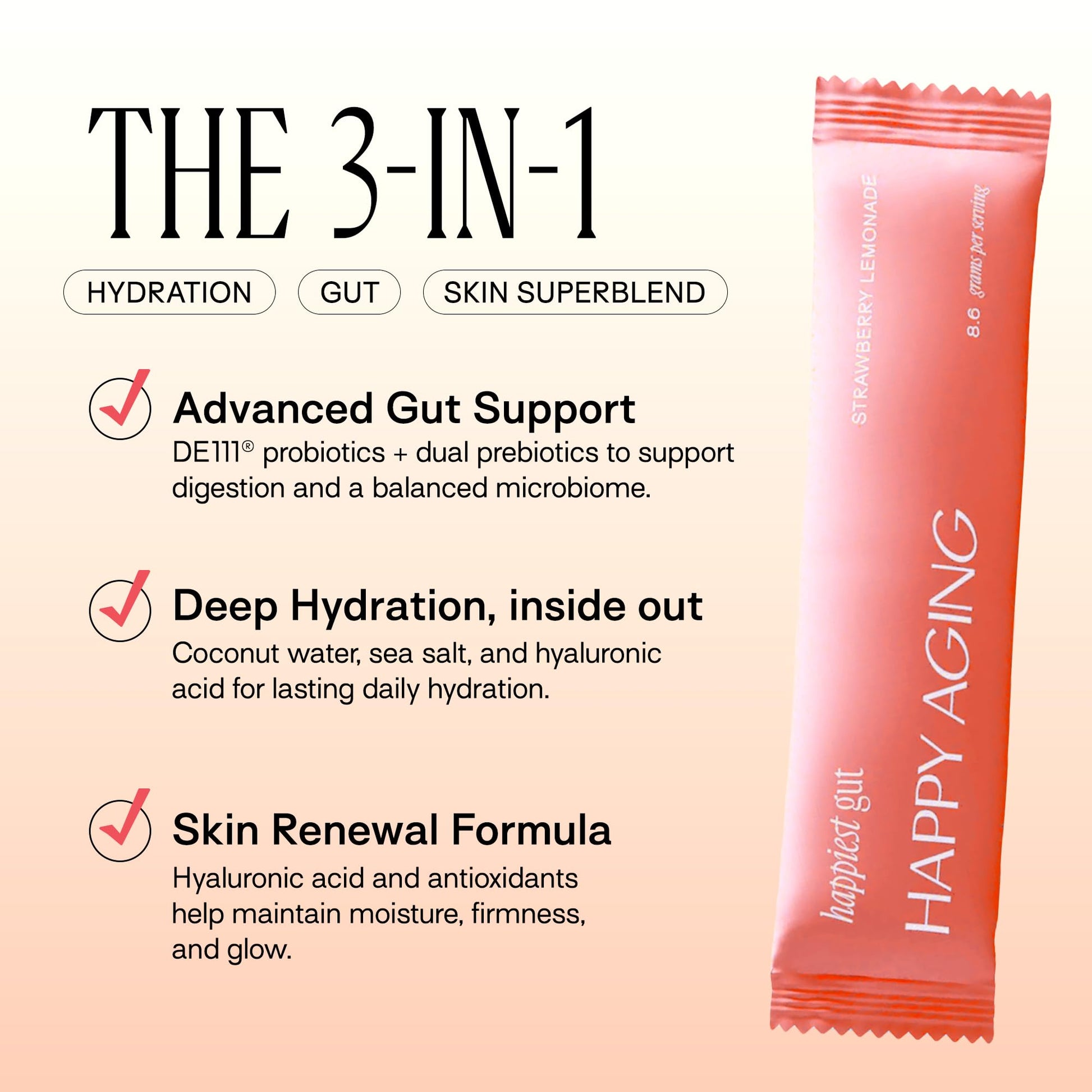 Happy Aging Electrolytes Powder Packets for Women - Sugar Free Hydration & Gut Health with Hyaluronic Acid & Bacillus Subtilis DE111 Probiotics - Dual Prebiotic System for Skin Beauty - PrimeBioHealth - canada supplements