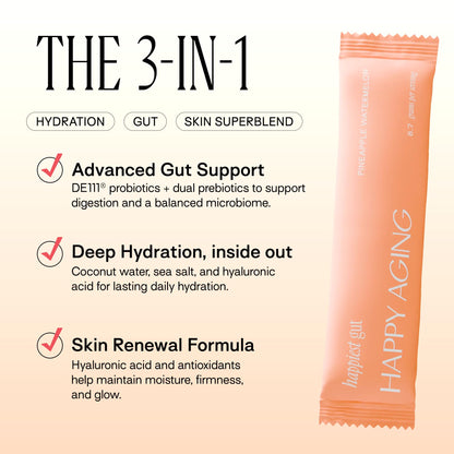 Happy Aging Electrolytes Powder Packets for Women - Sugar Free Hydration & Gut Health with Hyaluronic Acid & Bacillus Subtilis DE111 Probiotics - Dual Prebiotic System for Skin Beauty - PrimeBioHealth - canada supplements